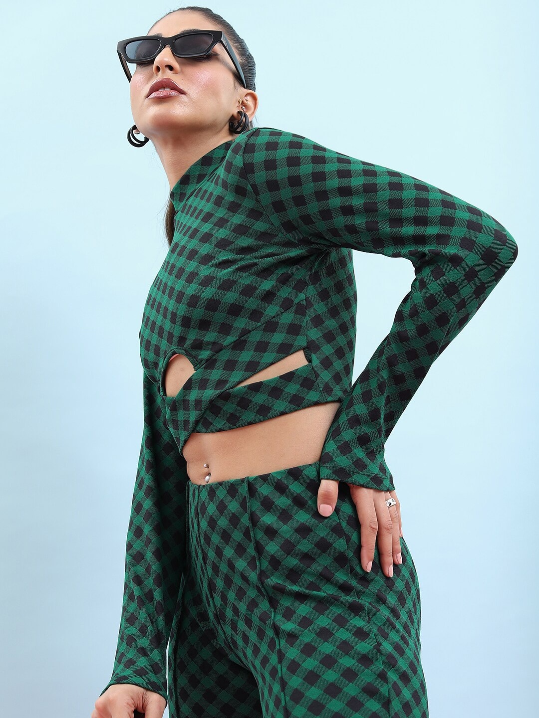 

Tokyo Talkies Checked High Neck Crop Top, Green