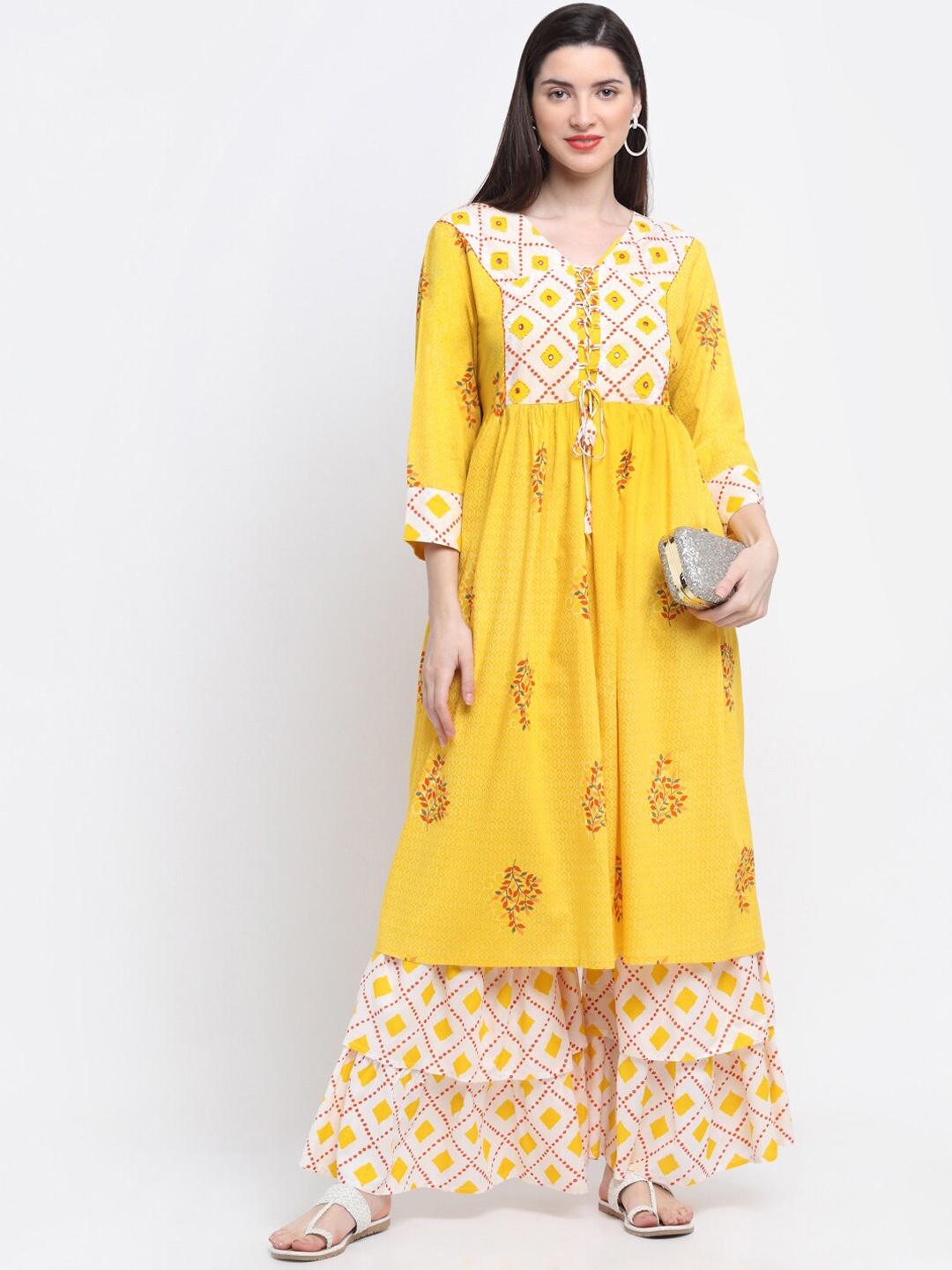 

KALINI Women Floral Printed Thread Work Kurta With Sharara, Yellow