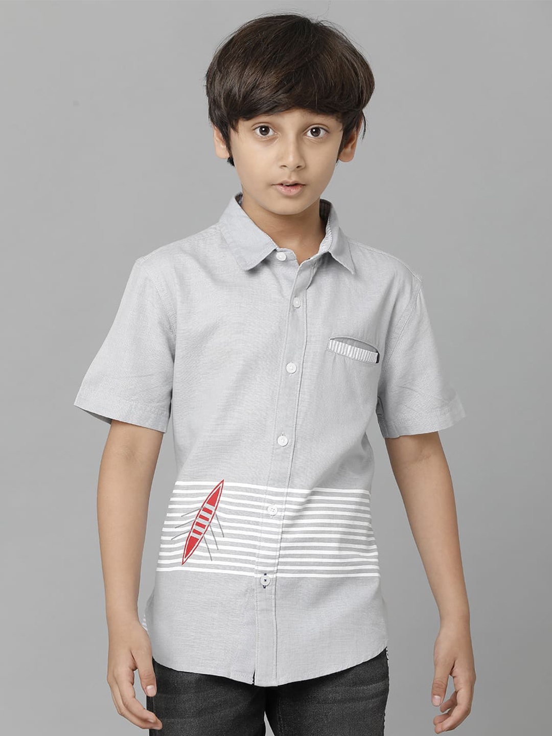 

UNDER FOURTEEN ONLY Boys Horizontal Striped Casual Cotton Shirt, Grey