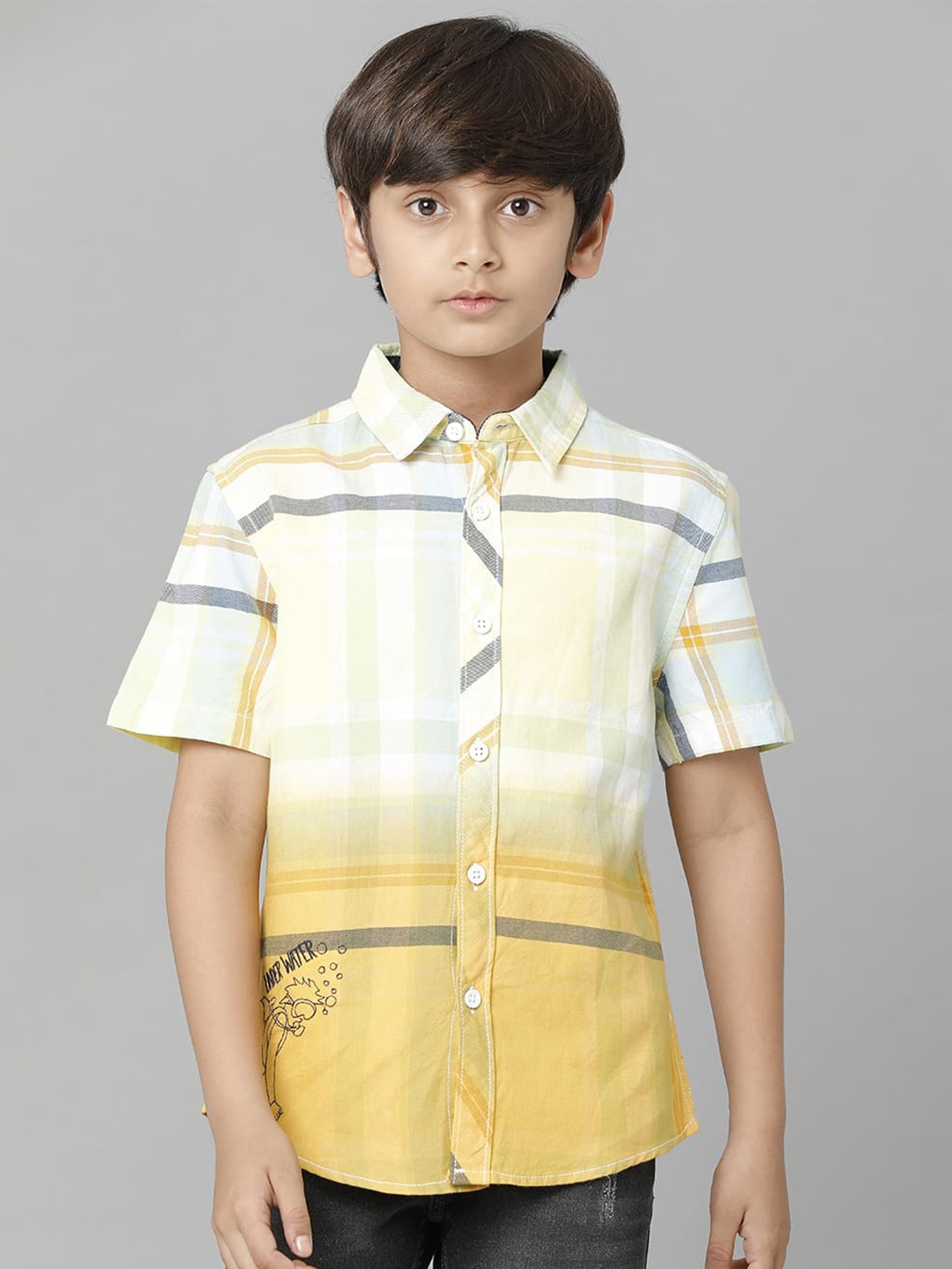 

UNDER FOURTEEN ONLY Boys Ombre Checked Casual Cotton Shirt, Yellow