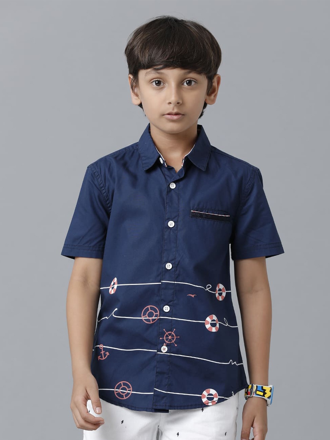 

UNDER FOURTEEN ONLY Boys Printed Casual Cotton Shirt, Navy blue