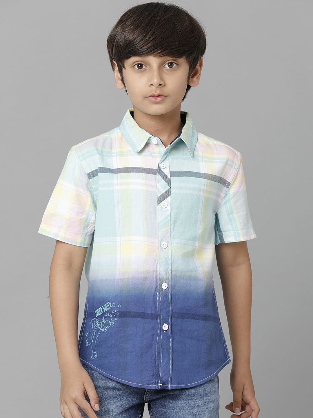 

UNDER FOURTEEN ONLY Boys Checked Casual Cotton Shirt, Blue
