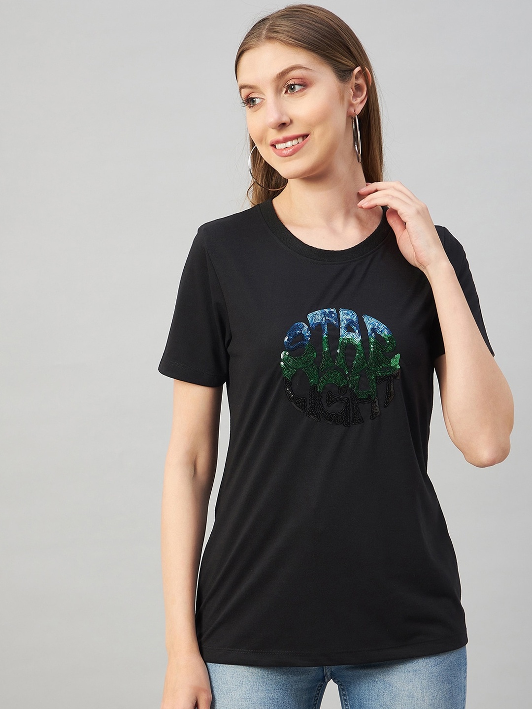 

Austin wood Women Typography Printed Cotton T-shirt, Black