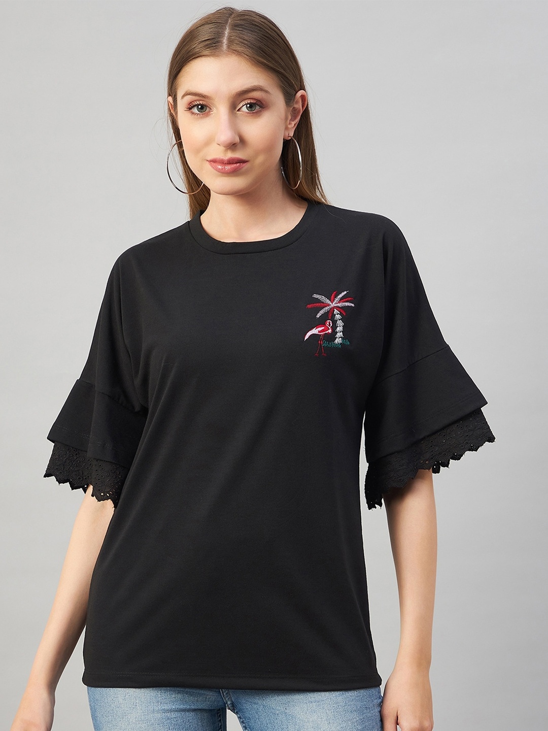 

Austin wood Embroidered Detailed Bell Sleeves Cotton Regular Top, Black