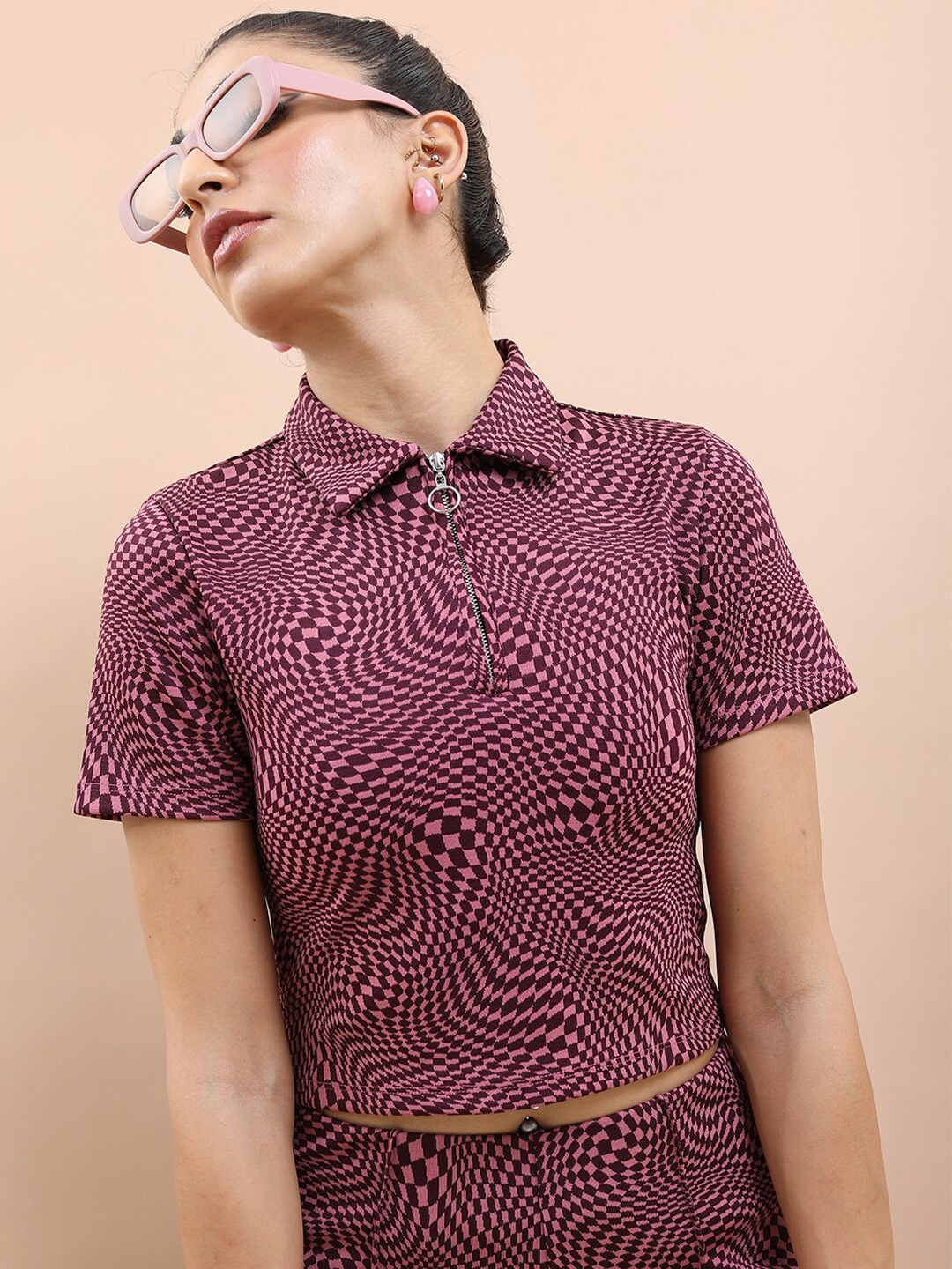 

Tokyo Talkies Printed Shirt Style Crop Top, Pink