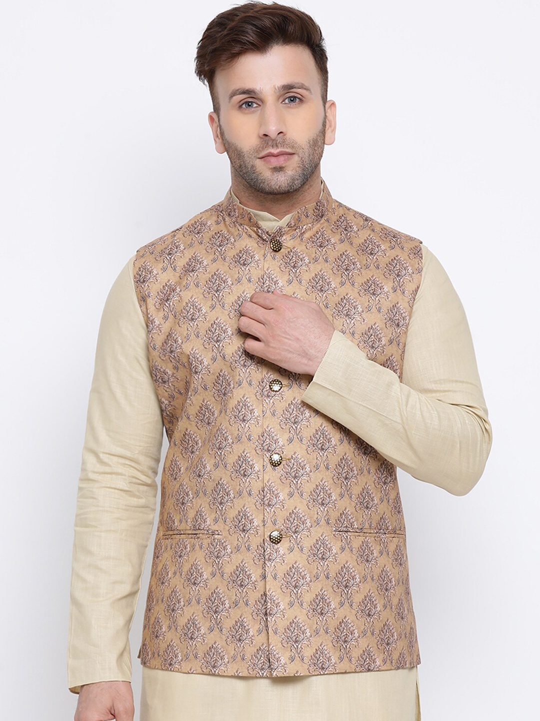 

NAMASKAR Men Printed Woven Nehru Jacket, Brown