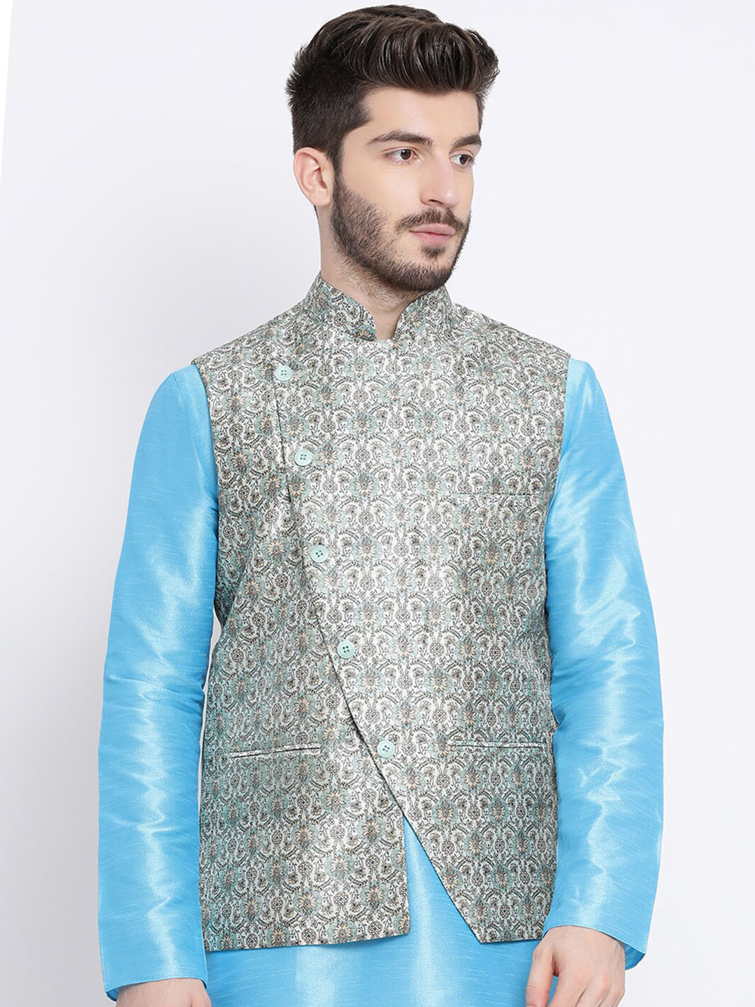 

NAMASKAR Men Printed Woven Pure Silk Nehru Jacket, Green