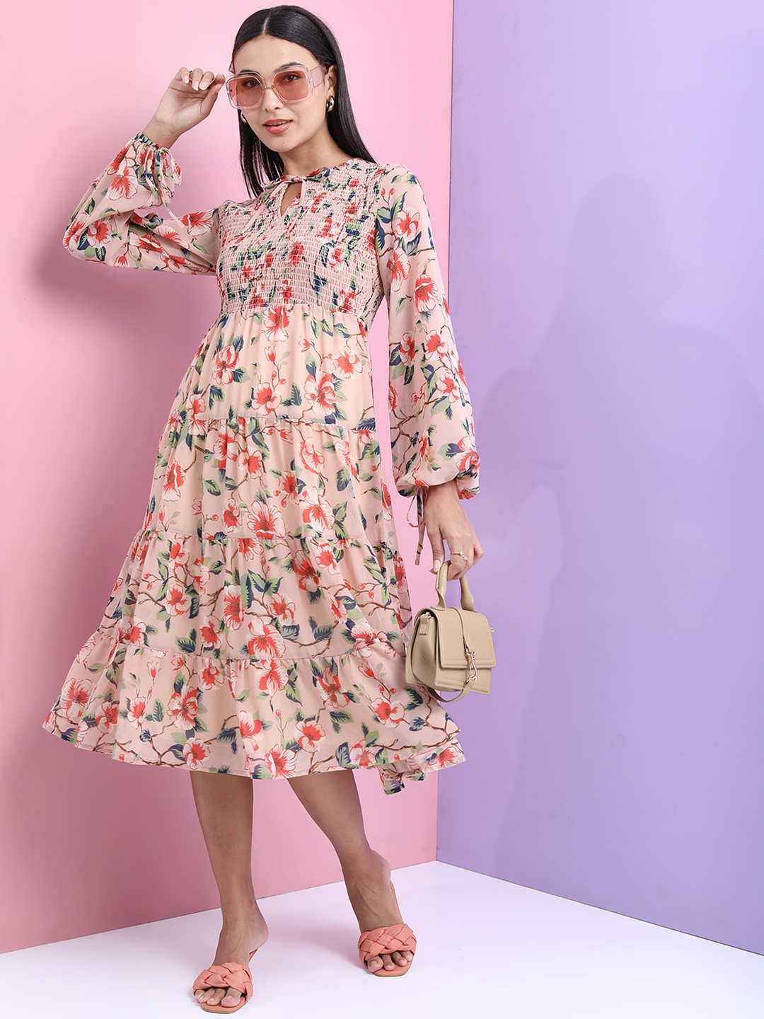 

Tokyo Talkies Floral Tie-Up Neck A-Line Midi Dress, Beige