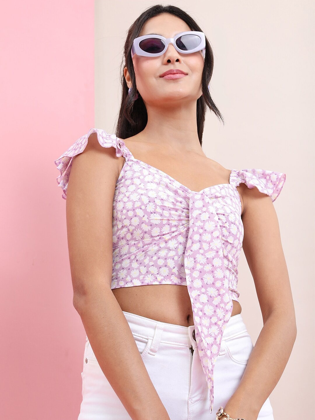 

Tokyo Talkies Floral Printed Sweetheart Neck Top, Purple