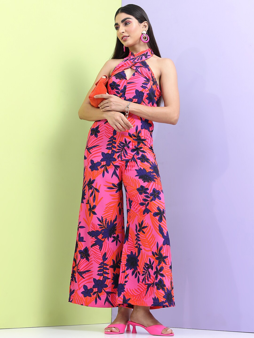 

Tokyo Talkies Women Halter Neck Floral Printed Basic Jumpsuit, Pink