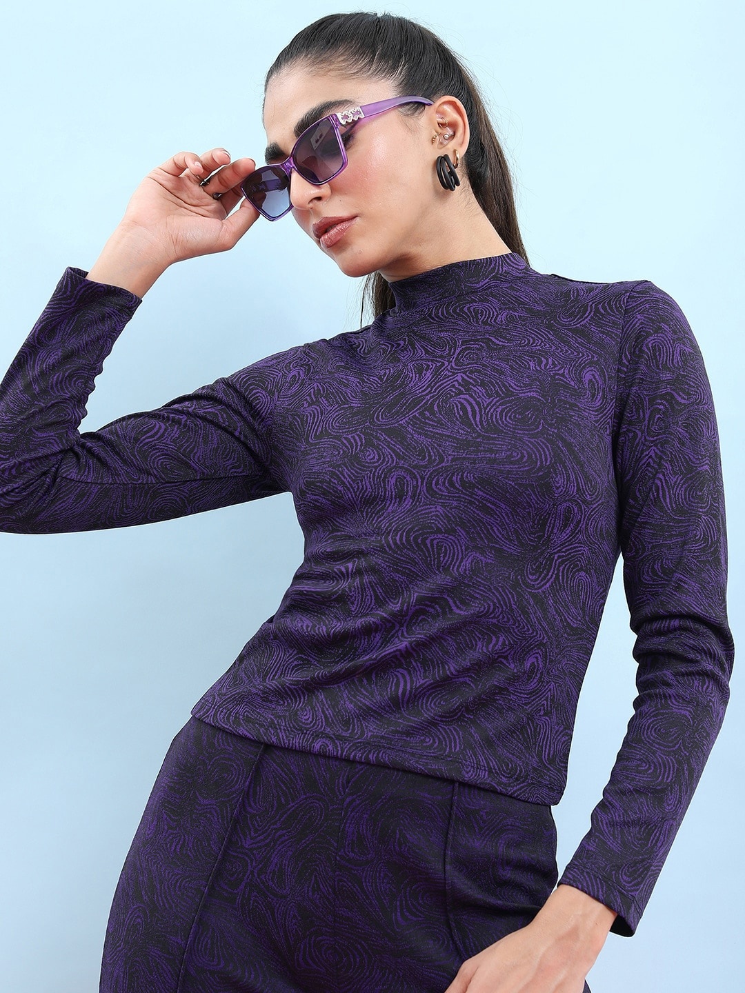 

Tokyo Talkies Printed High Neck Top, Purple
