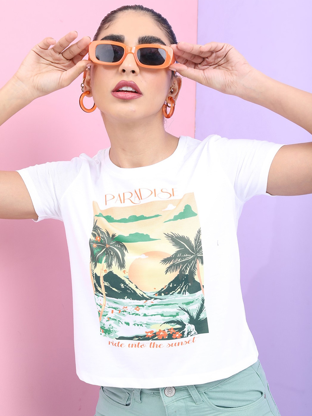 

Tokyo Talkies Women Printed Tropical Slim Fit T-shirt, White