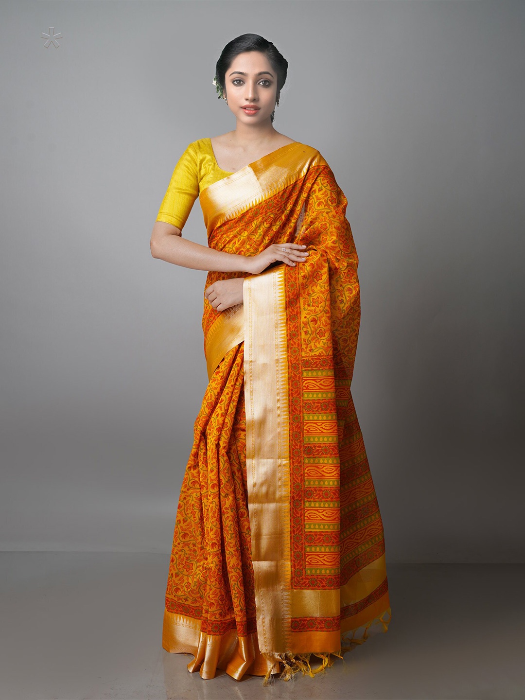 

Unnati Silks Floral Zari Silk Cotton Chanderi Saree, Yellow