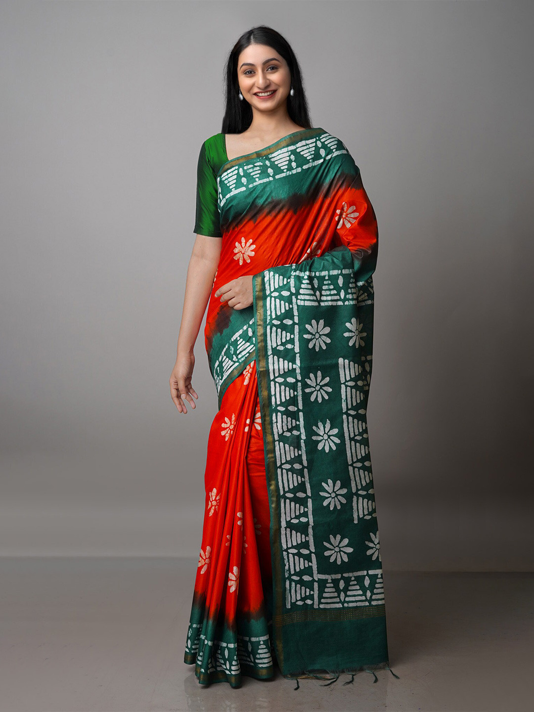 

Unnati Silks Batik Zari Pure Silk Chanderi Saree, Orange