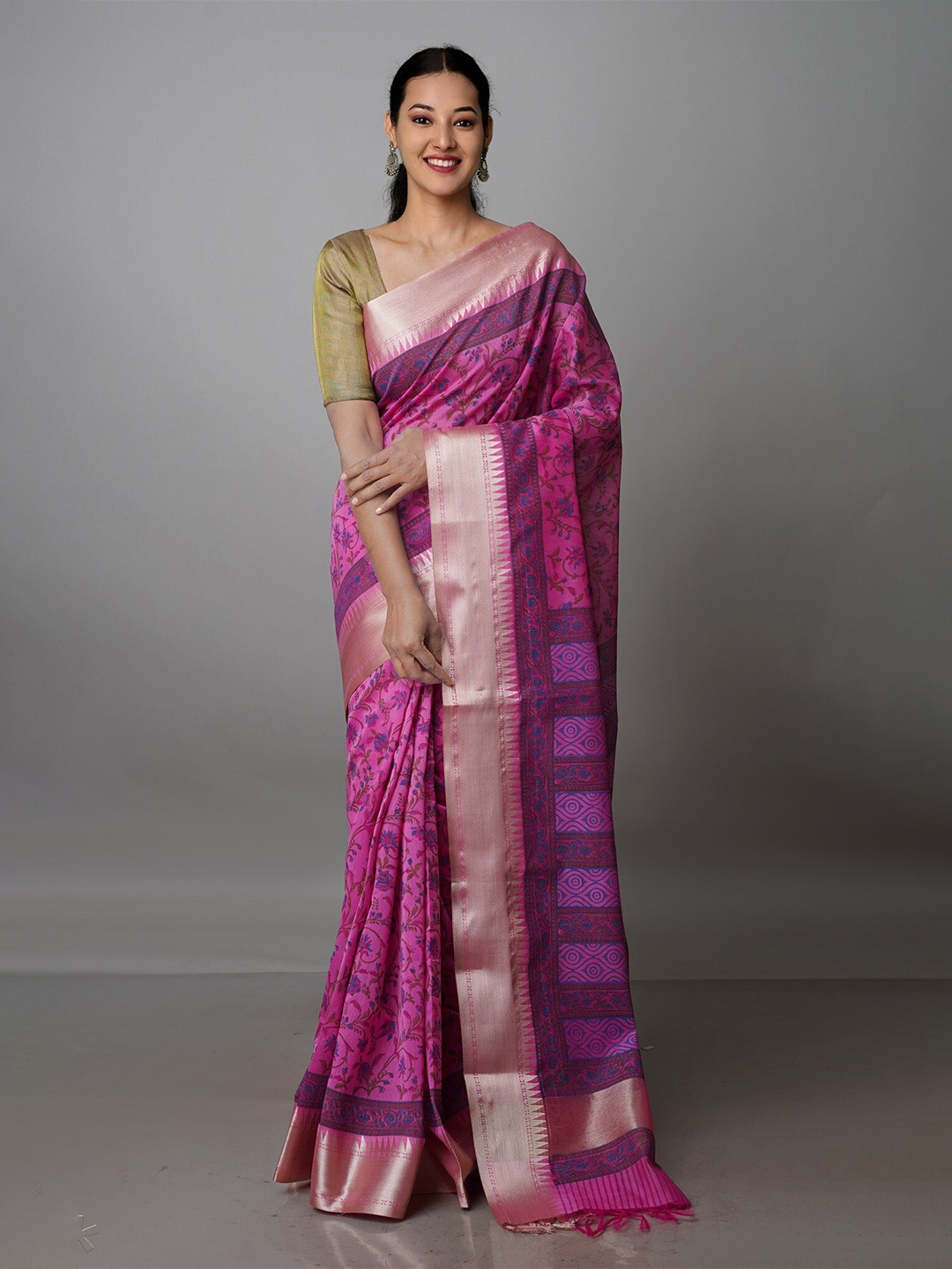 

Unnati Silks Ethnic Motifs Zari Silk Cotton Chanderi Saree, Pink