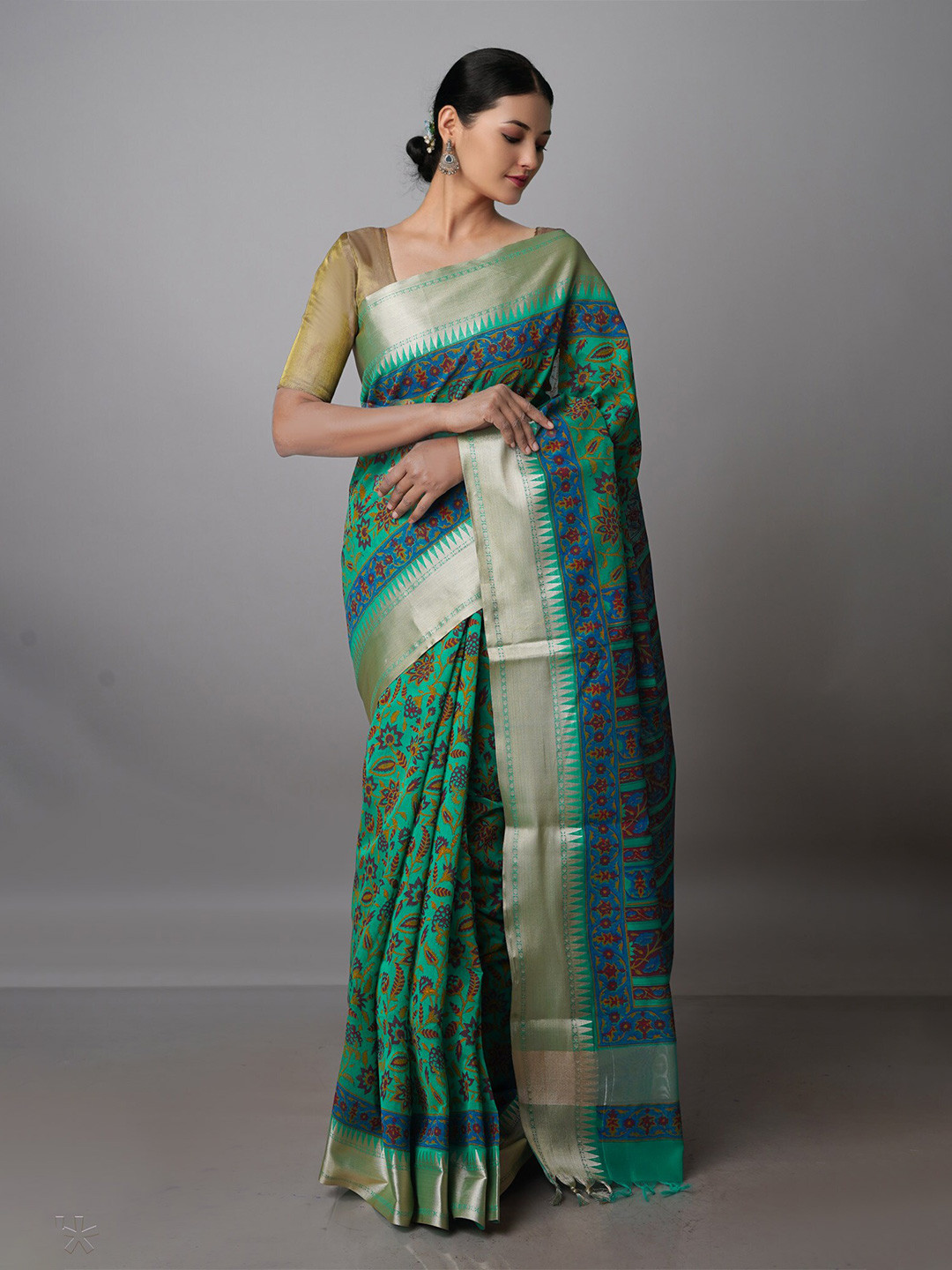 

Unnati Silks Ethnic Motifs Zari Silk Cotton Chanderi Saree, Green