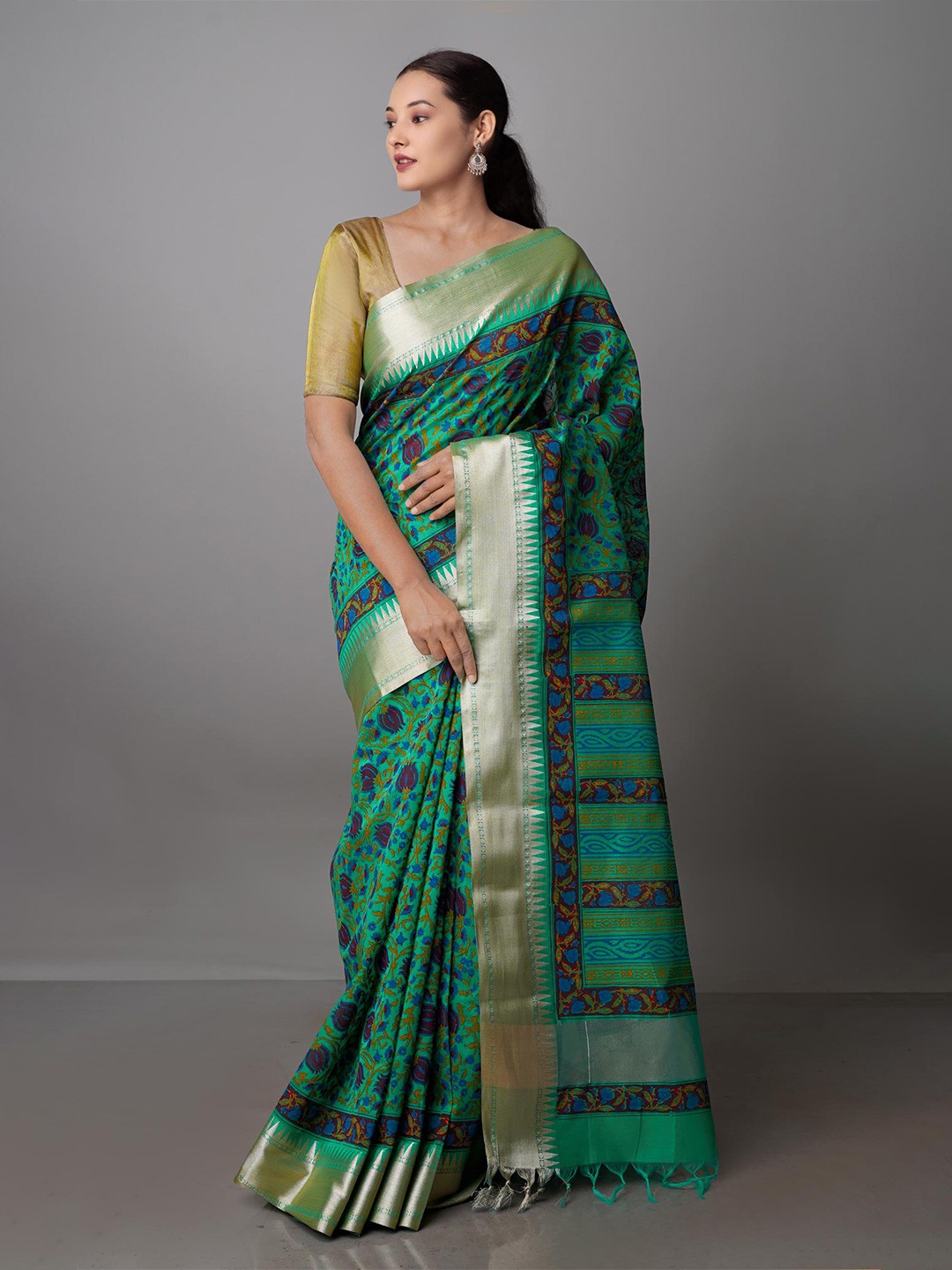 

Unnati Silks Ethnic Motifs Zari Silk Cotton Chanderi Saree, Green