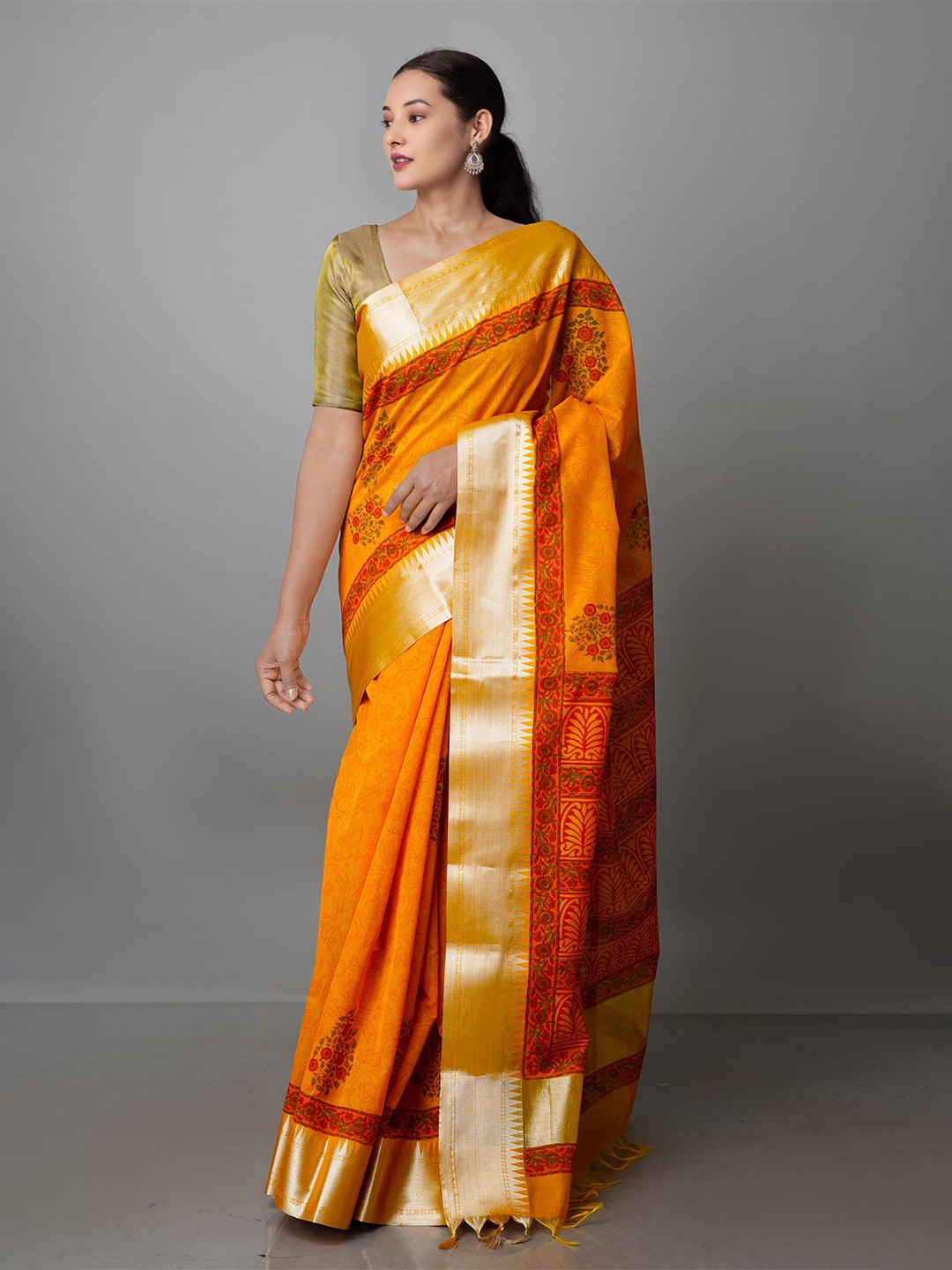 

Unnati Silks Floral Zari Silk Cotton Chanderi Saree, Yellow