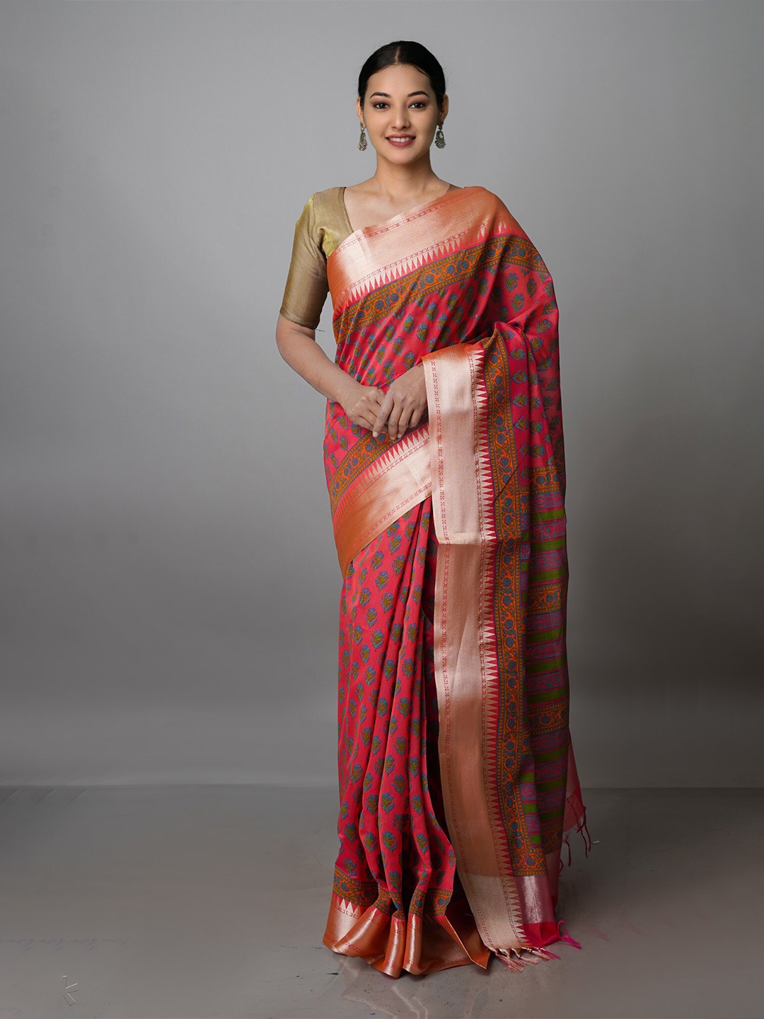 

Unnati Silks Ethnic Motifs Zari Silk Cotton Chanderi Saree, Red