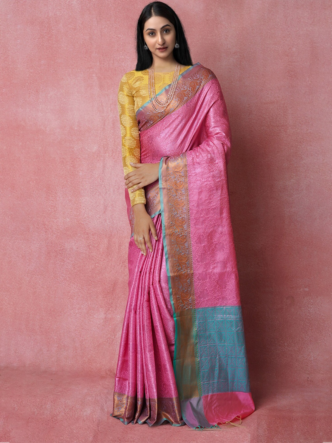 

Unnati Silks Woven Design Zari Silk Blend Banarasi Saree, Pink