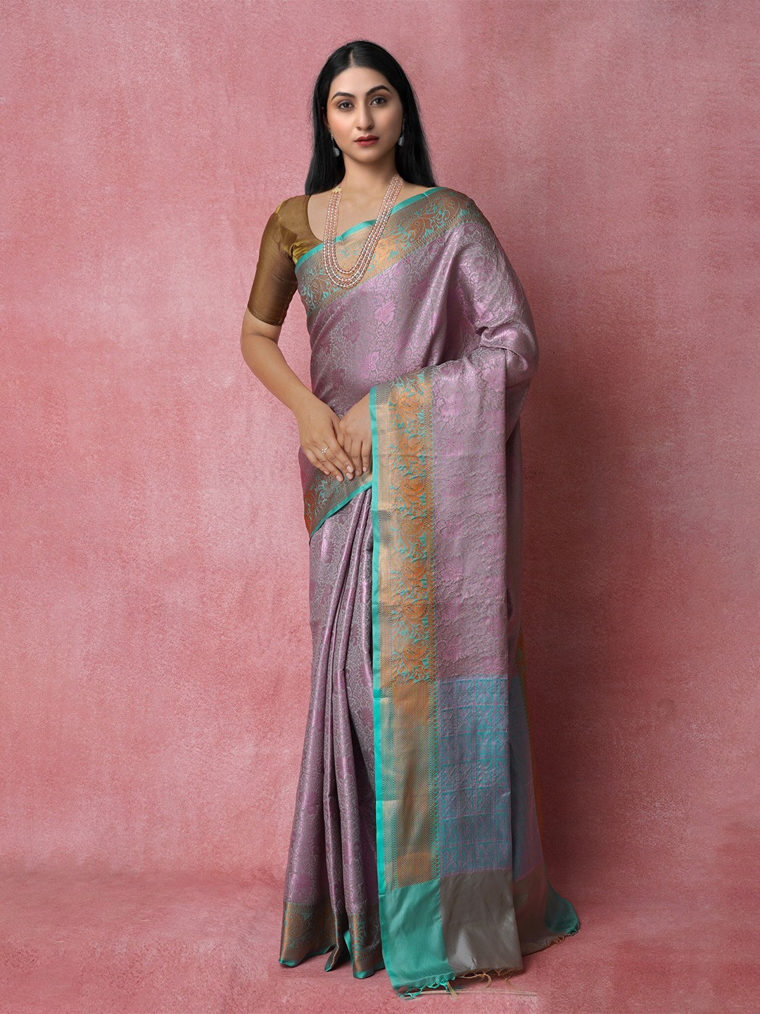 

Unnati Silks Woven Design Zari Silk Blend Banarasi Saree, Green