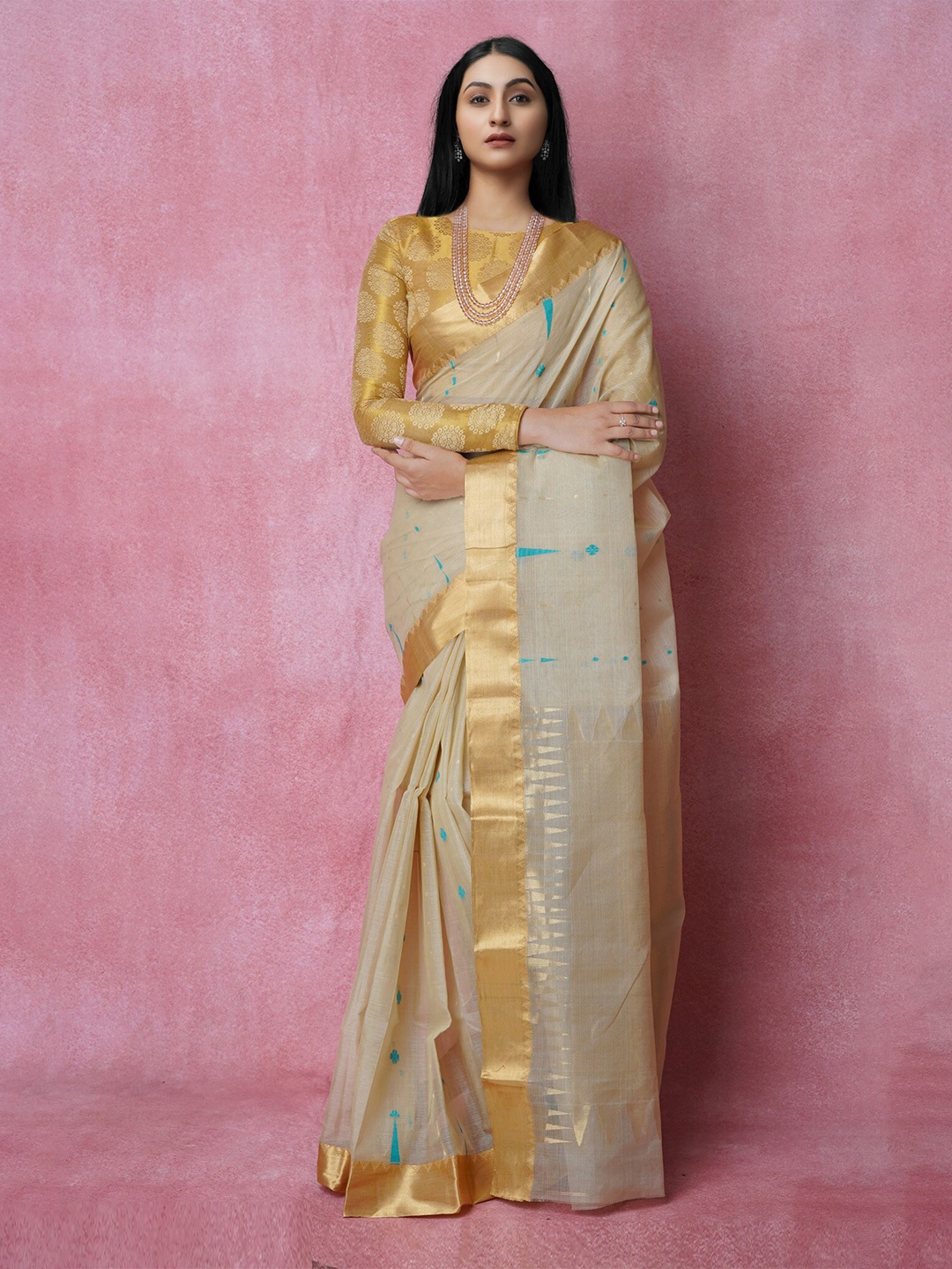 

Unnati Silks Woven Design Zari Pure Silk Tussar Saree, Beige