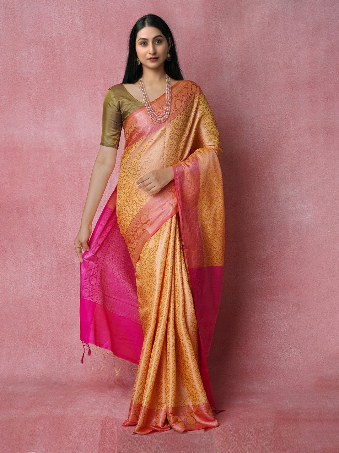 

Unnati Silks Pink & Orange Woven Design Zari Silk Blend Banarasi Saree