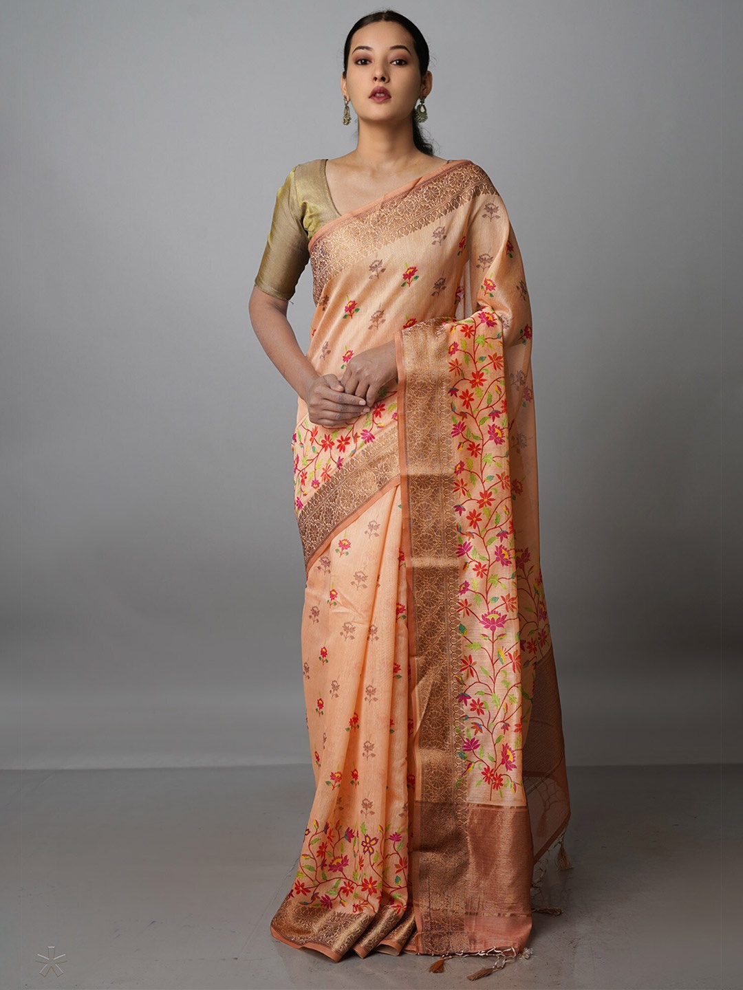 

Unnati Silks Ethnic Motifs Zari Silk Blend Chanderi Saree, Orange