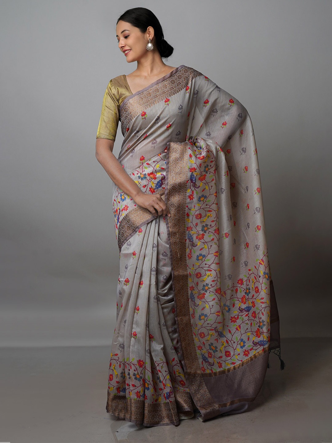 

Unnati Silks Floral Zari Silk Blend Chanderi Saree, Grey