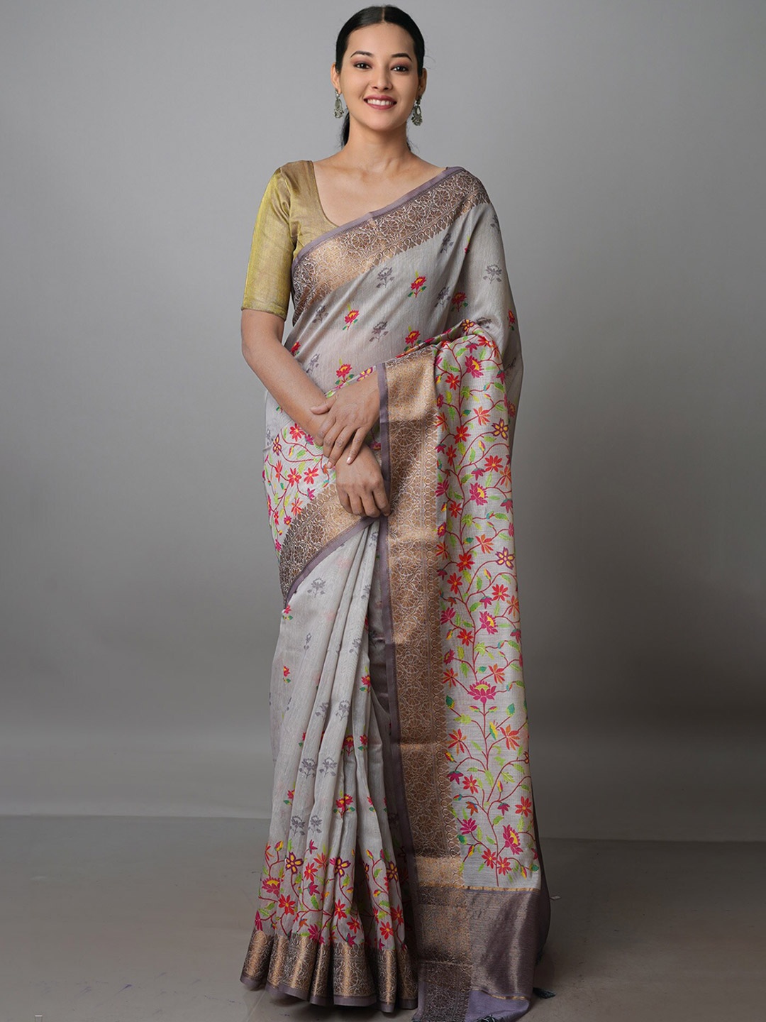 

Unnati Silks Ethnic Motifs Zari Silk Blend Chanderi Saree, Grey