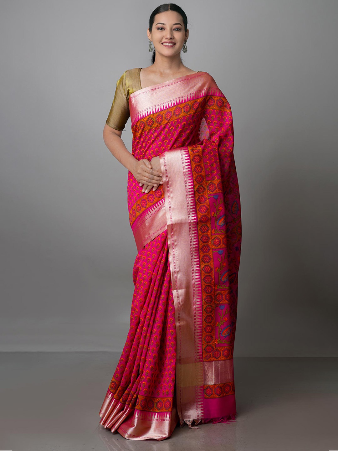 

Unnati Silks Ethnic Motifs Zari Silk Cotton Chanderi Saree, Pink