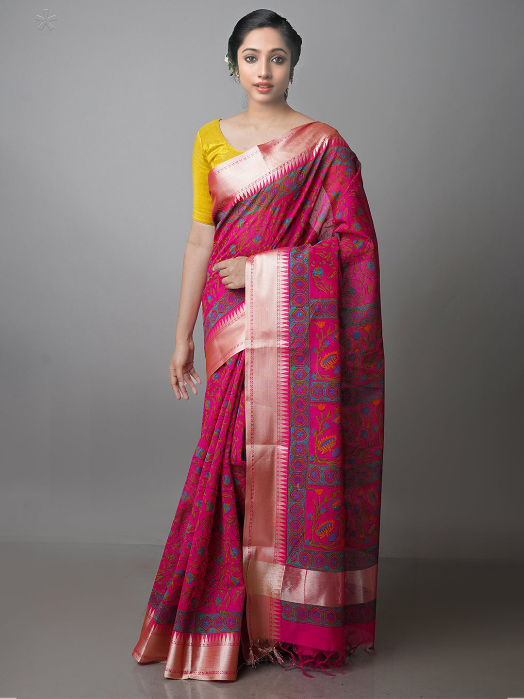 

Unnati Silks Floral Zari Silk Cotton Chanderi Saree, Pink
