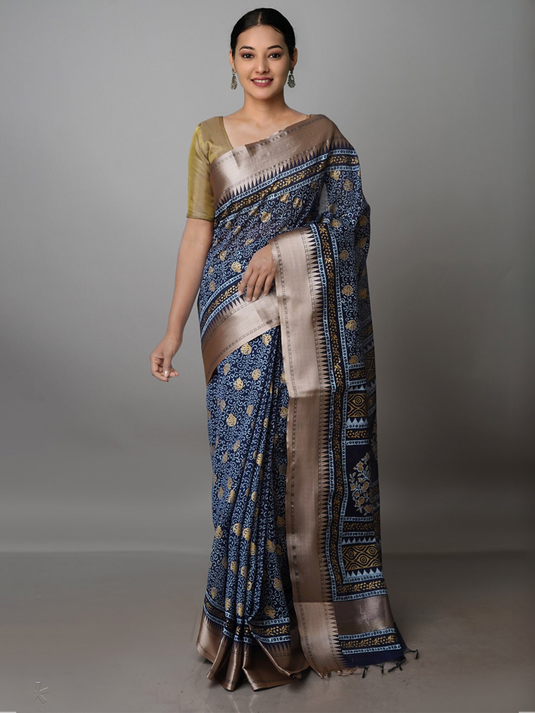 

Unnati Silks Ethnic Motifs Zari Silk Cotton Chanderi Saree, Blue