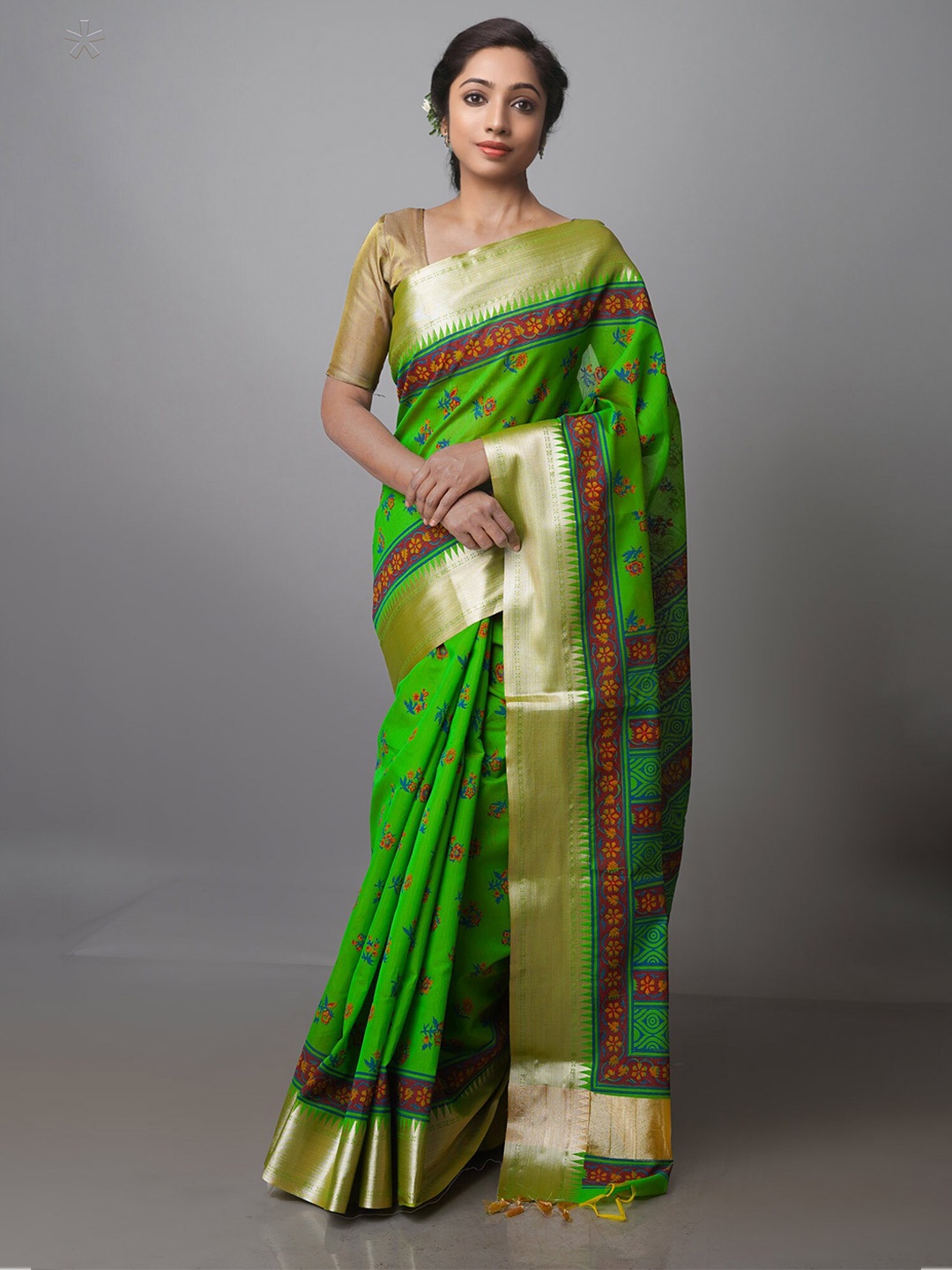 

Unnati Silks Floral Printed Zari Silk Cotton Chanderi Saree, Green