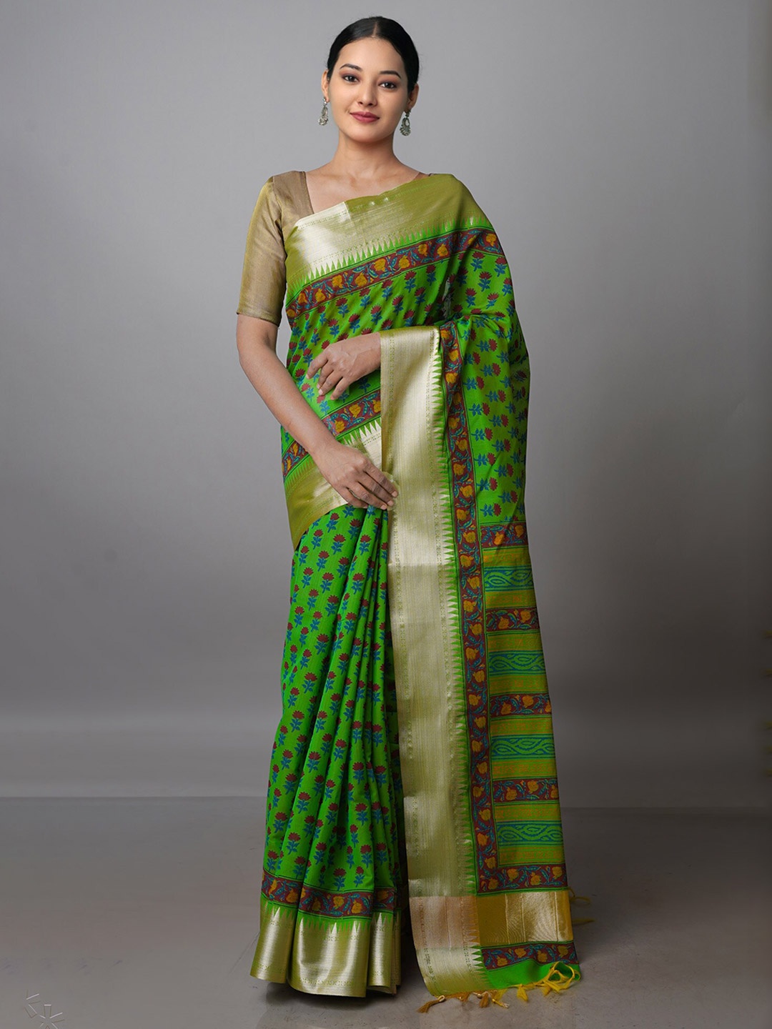 

Unnati Silks Floral Zari Silk Cotton Chanderi Saree, Green