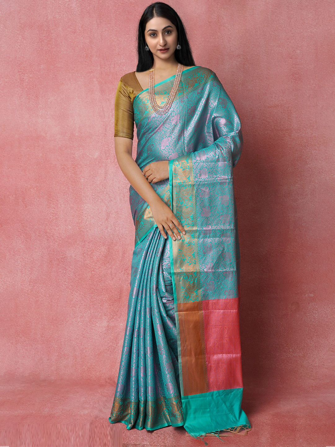 

Unnati Silks Woven Design Zari Silk Blend Banarasi Saree, Blue