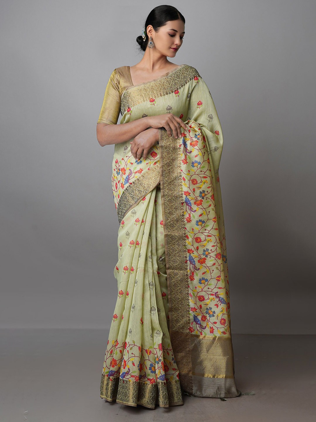 

Unnati Silks Floral Printed Silk Blend Chanderi Saree, Sea green