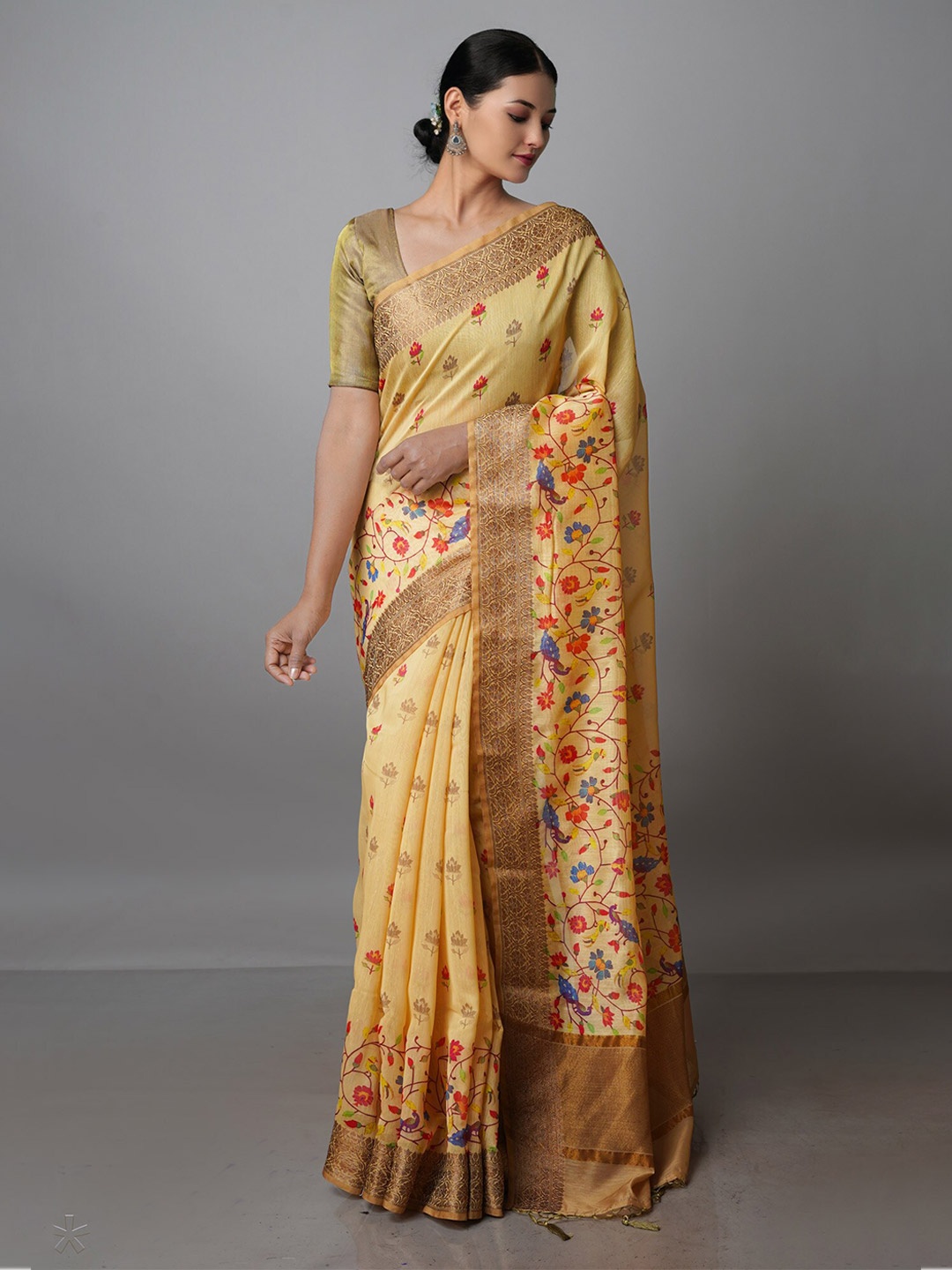

Unnati Silks Ethnic Motifs Printed Silk Blend Chanderi Saree, Yellow