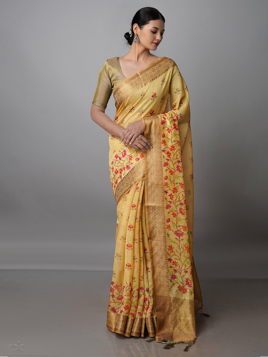 

Unnati Silks Floral Zari Silk Blend Chanderi Saree, Yellow