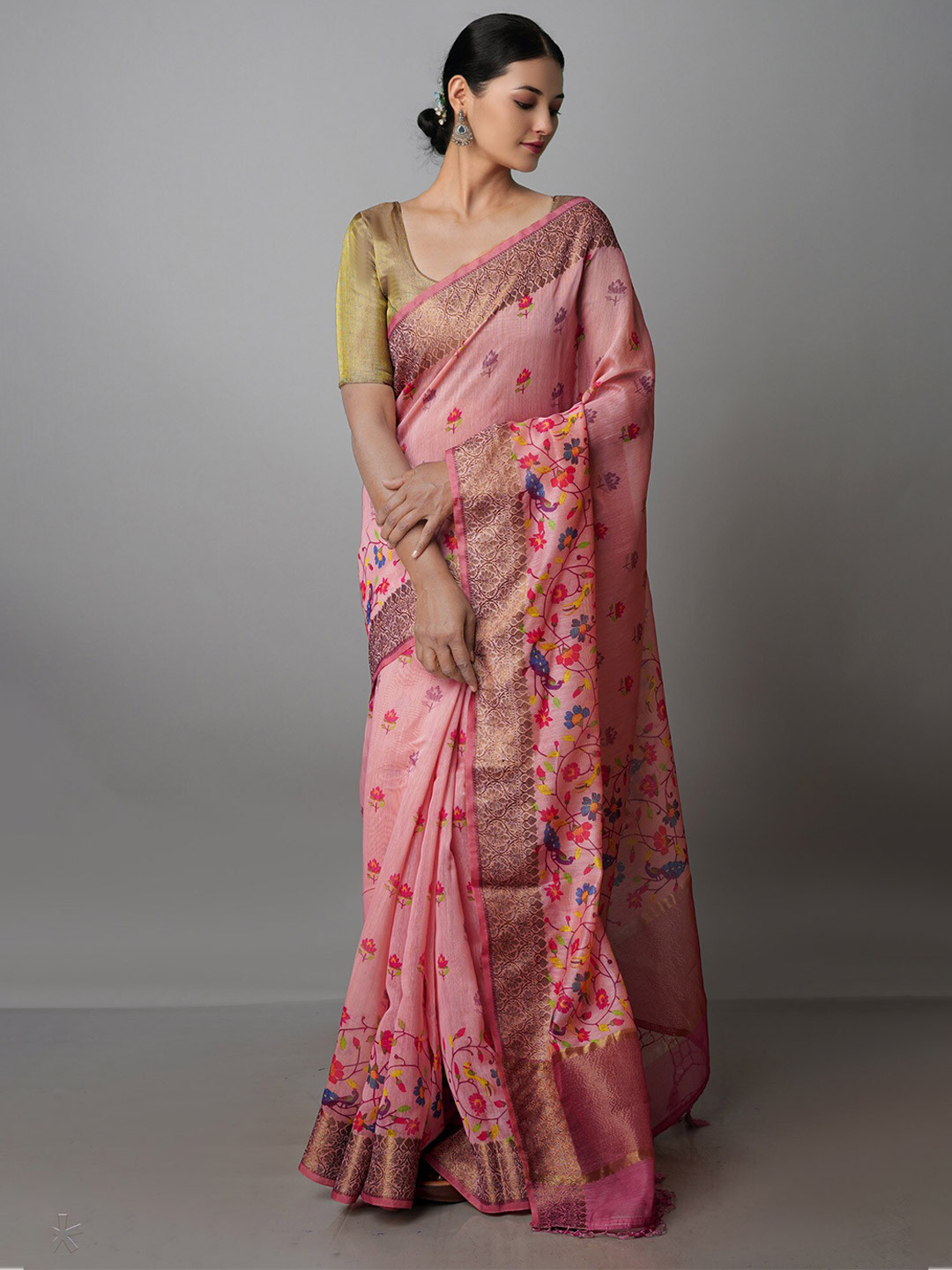 

Unnati Silks Floral Printed Silk Blend Chanderi Saree, Pink