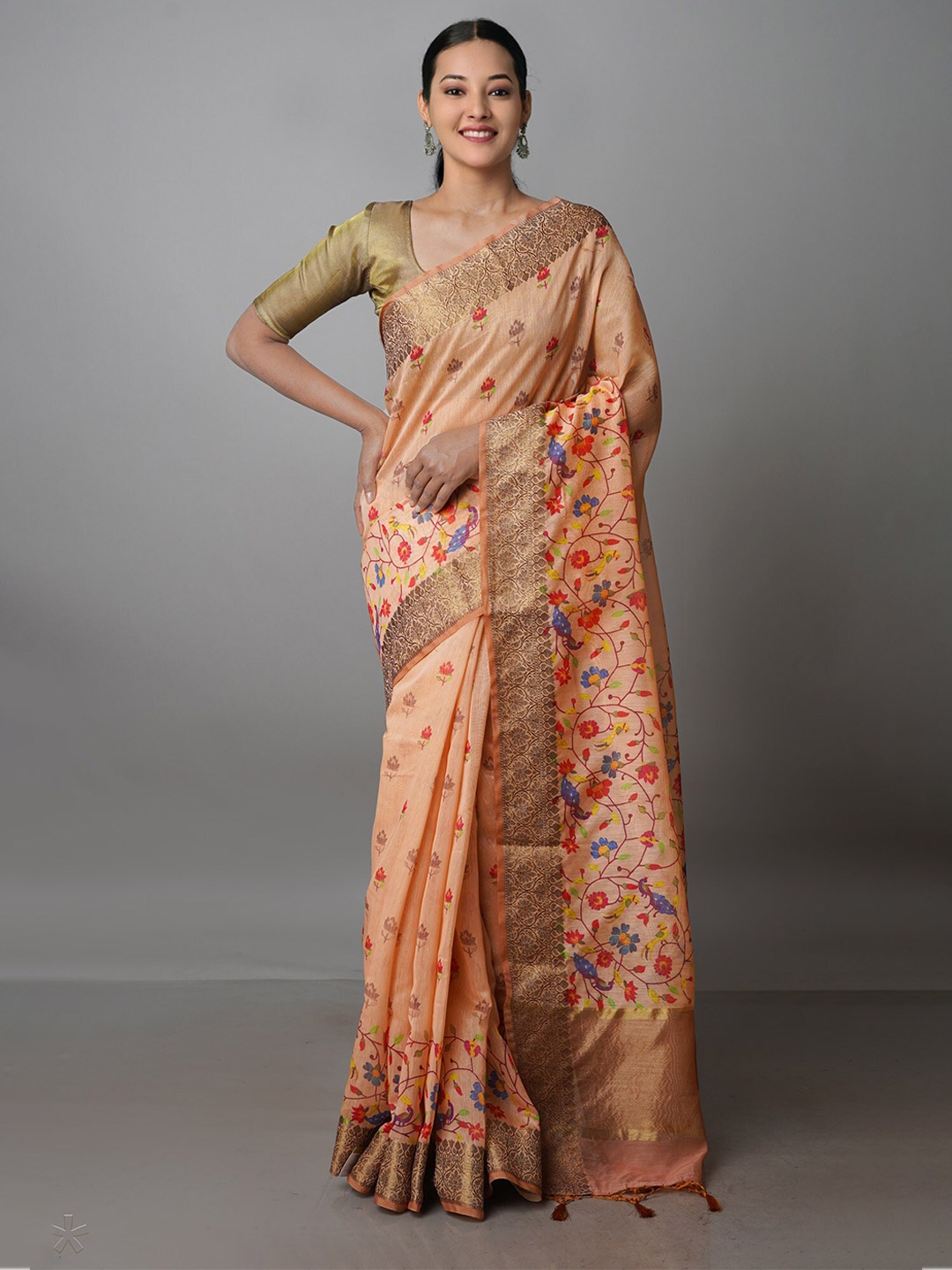 

Unnati Silks Floral Printed Silk Blend Chanderi Saree, Orange