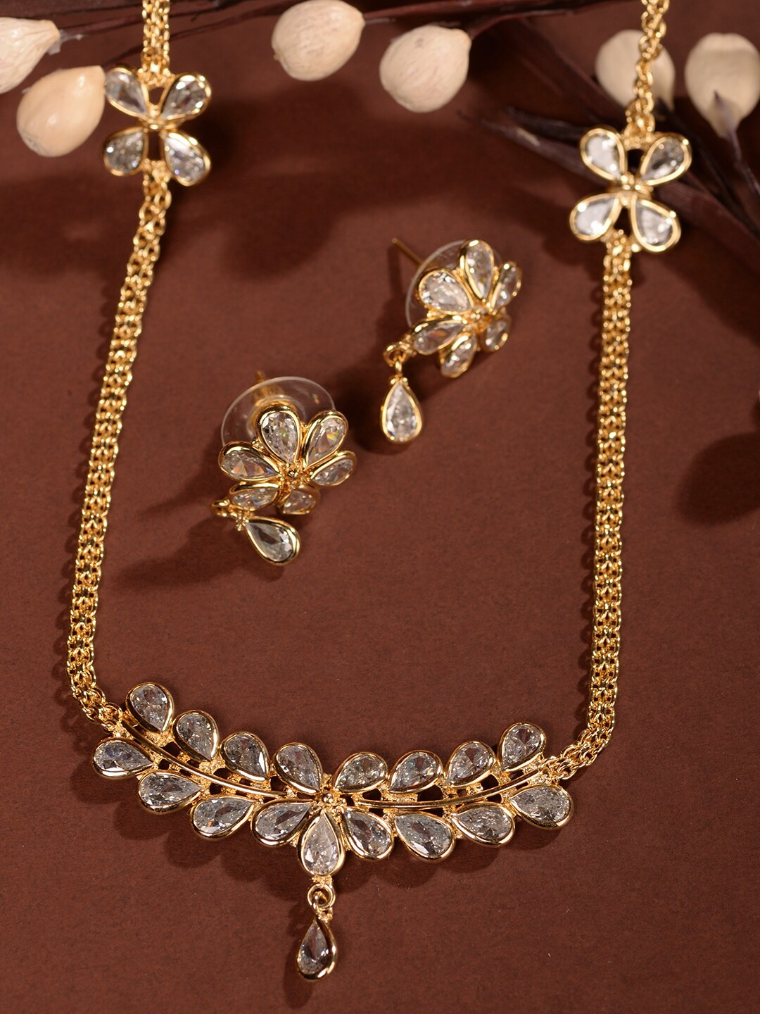 

Saraf RS Jewellery Gold-Plated AD-Studded Minimal Designer Jewellery Set