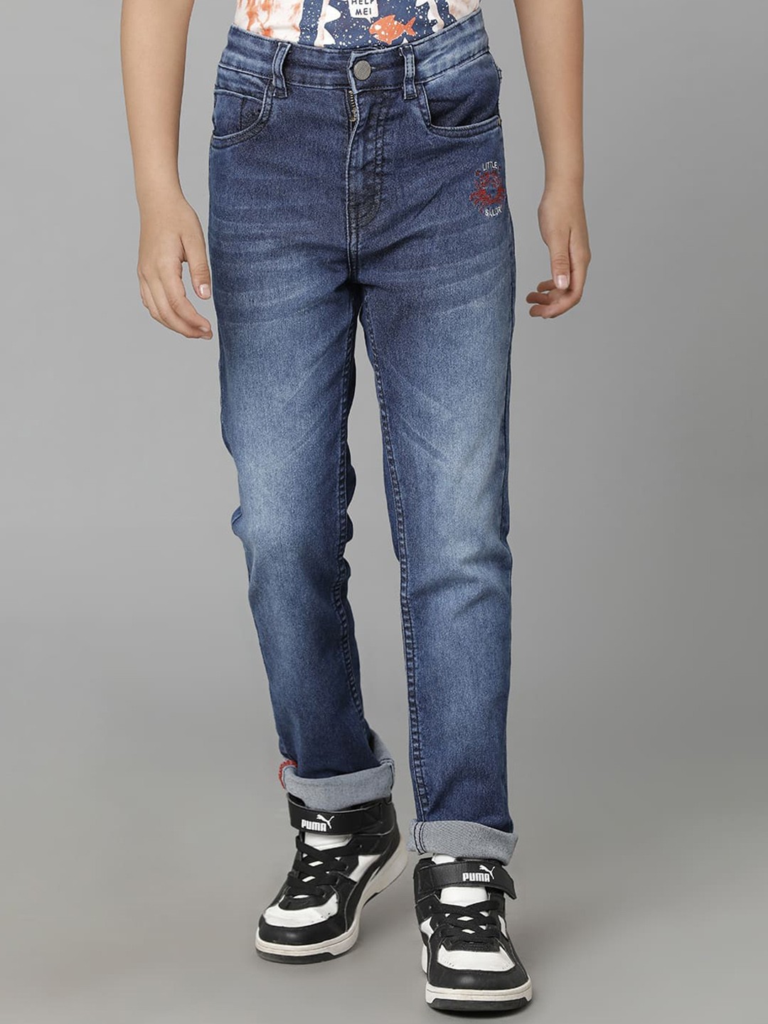 

UNDER FOURTEEN ONLY Boys Heavy Fade Cotton Mid-Rise Jeans, Navy blue