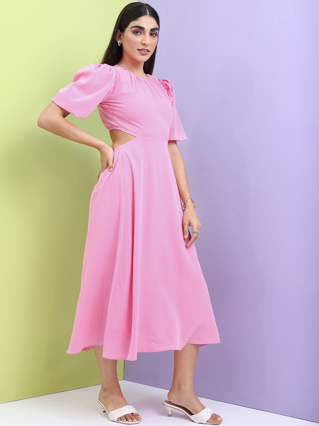 

Tokyo Talkies Round Neck A-Line Midi Dress, Pink