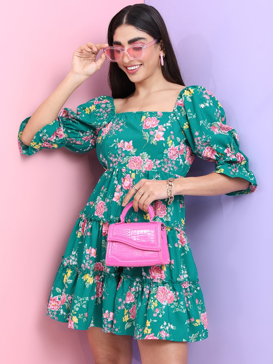 

Tokyo Talkies Puffed Sleeve Floral Dress, Green