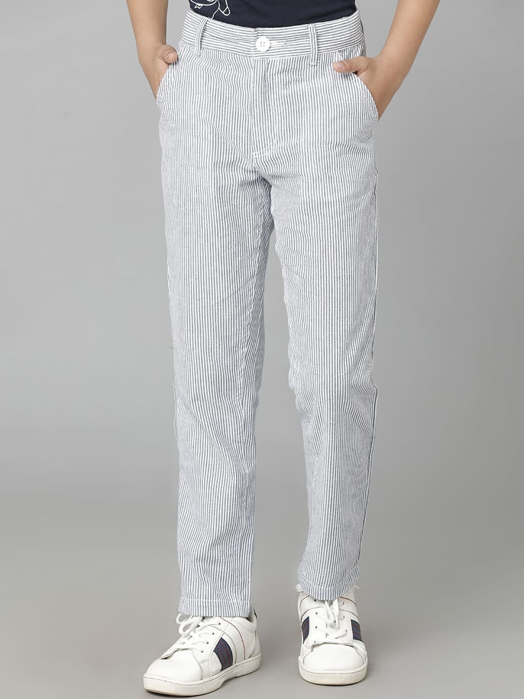 

UNDER FOURTEEN ONLY Kids Boys Striped Cotton Mid Rise Trousers, Blue