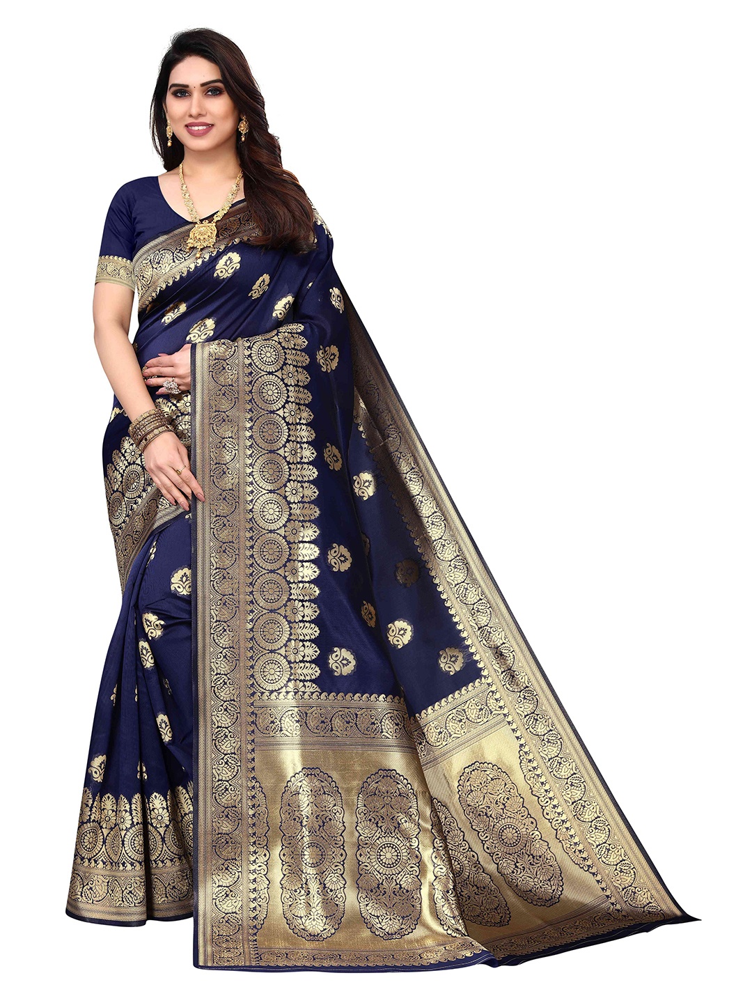 

AADVIKA Woven Design Zari Silk Blend Kanjeevaram Saree, Navy blue