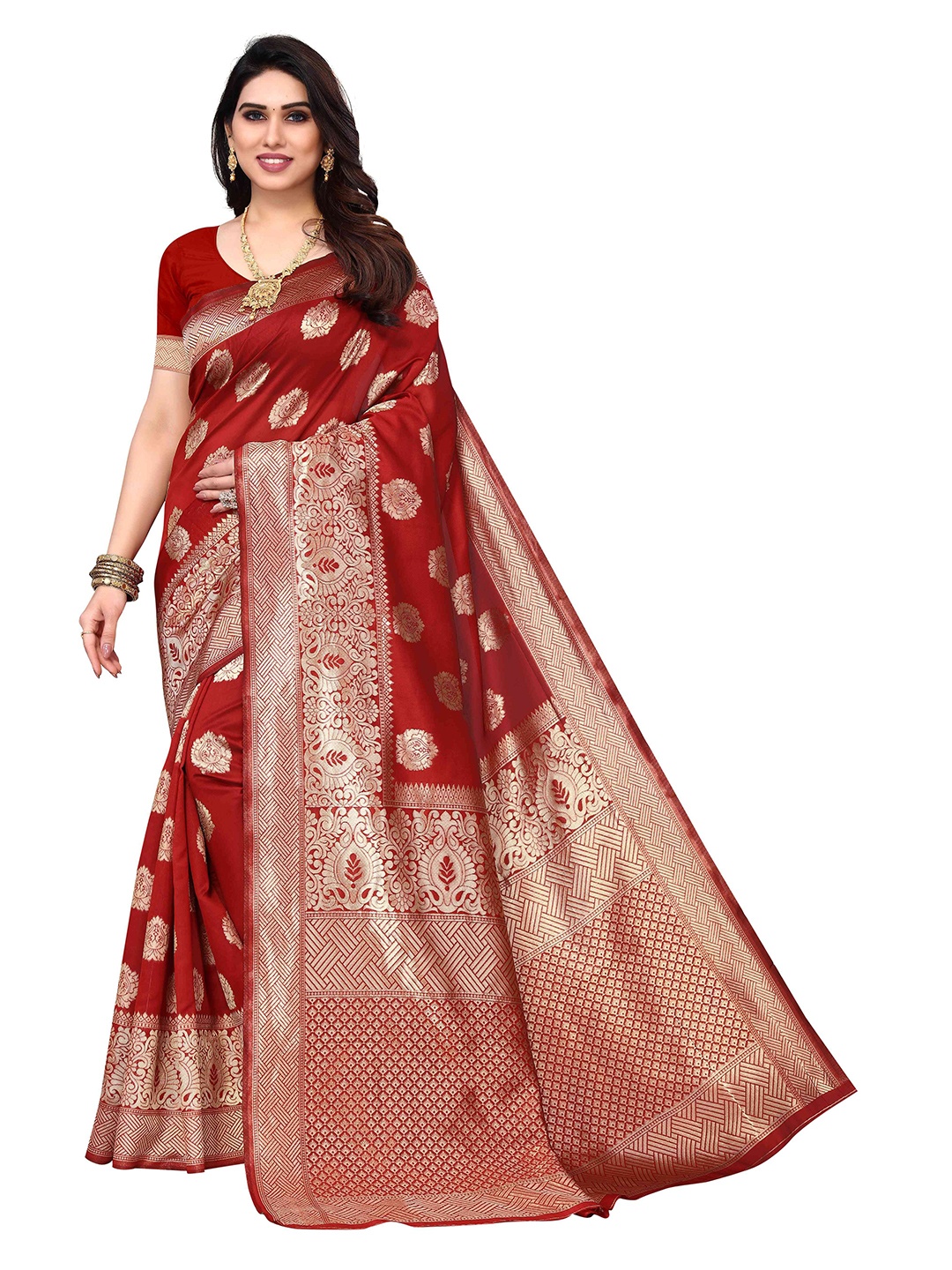 

AADVIKA Woven Design Zari Silk Blend Kanjeevaram Saree, Maroon