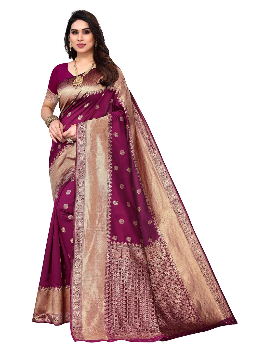 

AADVIKA Purple & Gold-Toned Paisley Zari Silk Blend Kanjeevaram Saree