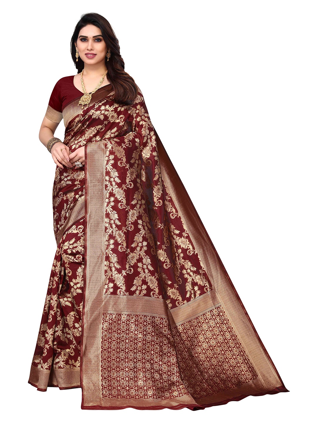 

AADVIKA Woven Design Zari Silk Blend Kanjeevaram Saree, Brown